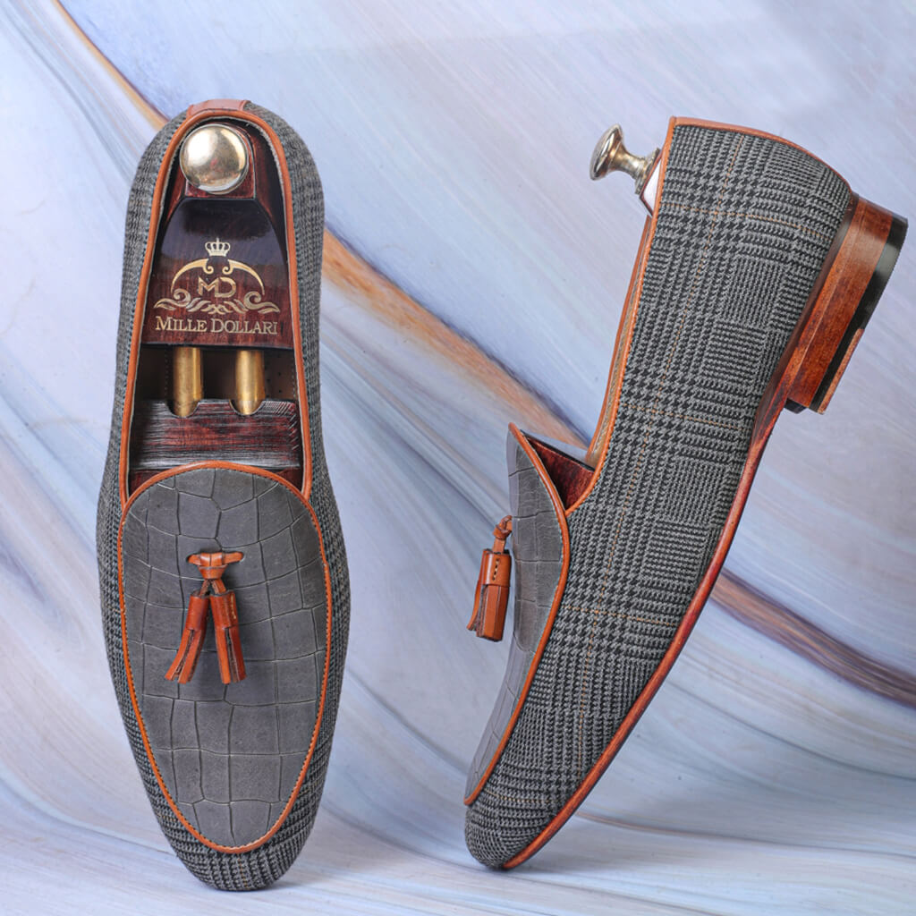 "Wedlock Grey Designer Loafers, crafted from croco-embossed Argentina leather with a soft linen lining and Italian leather sole for luxury, durability, and comfort."

