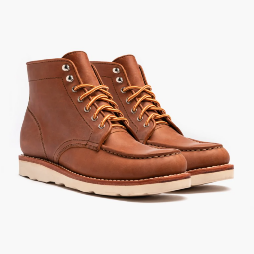 Harvest Dusk Moc Toe Leather Boots with rich harvest-toned leather, hand-stitched moccasin toe, Vibram sole for durability, cork midsole for custom fit, metallic eyelets, and sturdy laces.
