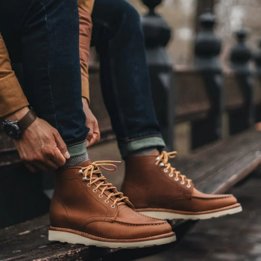 Harvest Dusk Moc Toe Leather Boots with rich harvest-toned leather, hand-stitched moccasin toe, Vibram sole for durability, cork midsole for custom fit, metallic eyelets, and sturdy laces.

