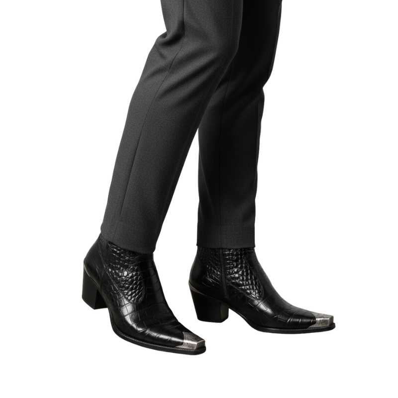 Men's Black Croc Embossed Leather Chelsea Boots with Cuban Heel