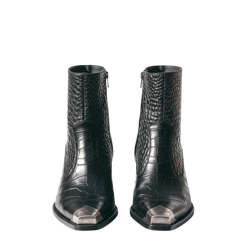 Men's Black Croc Embossed Leather Chelsea Boots with Cuban Heel