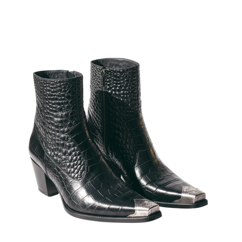 Men's Black Croc Embossed Genuine Leather Chelsea Boots with Metallic Square Toe Cap and Cuban Heel – Luxury Formal Ankle Boots for Party & Wedding Wear