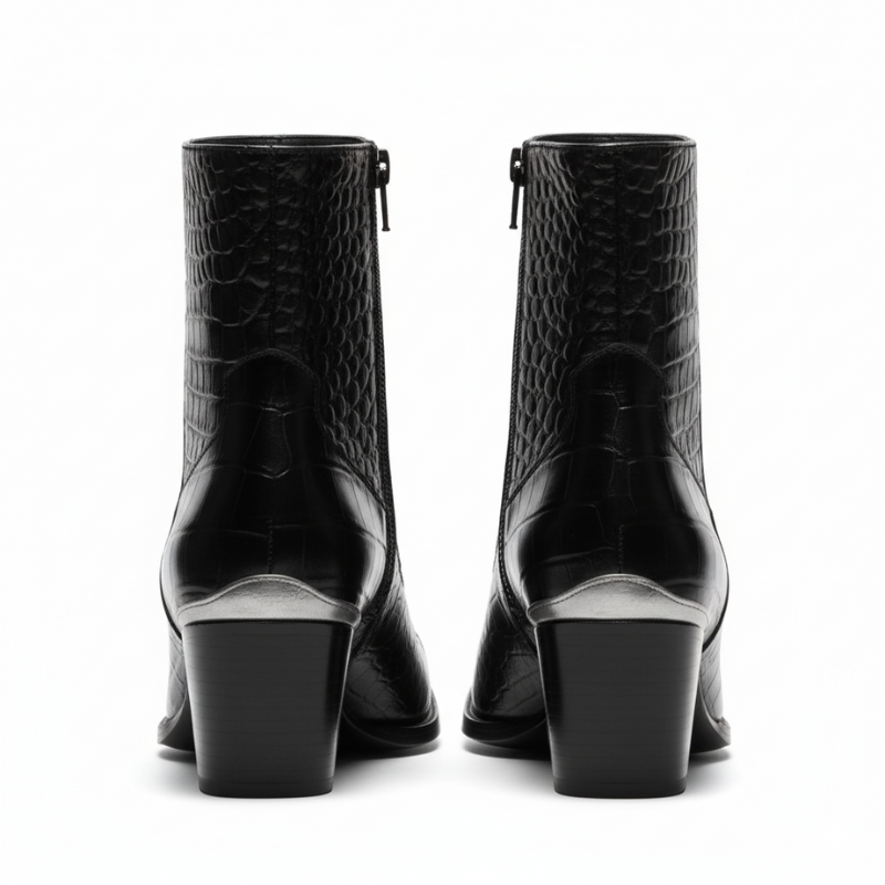 Men's Black Croc Embossed Leather Chelsea Boots with Cuban Heel