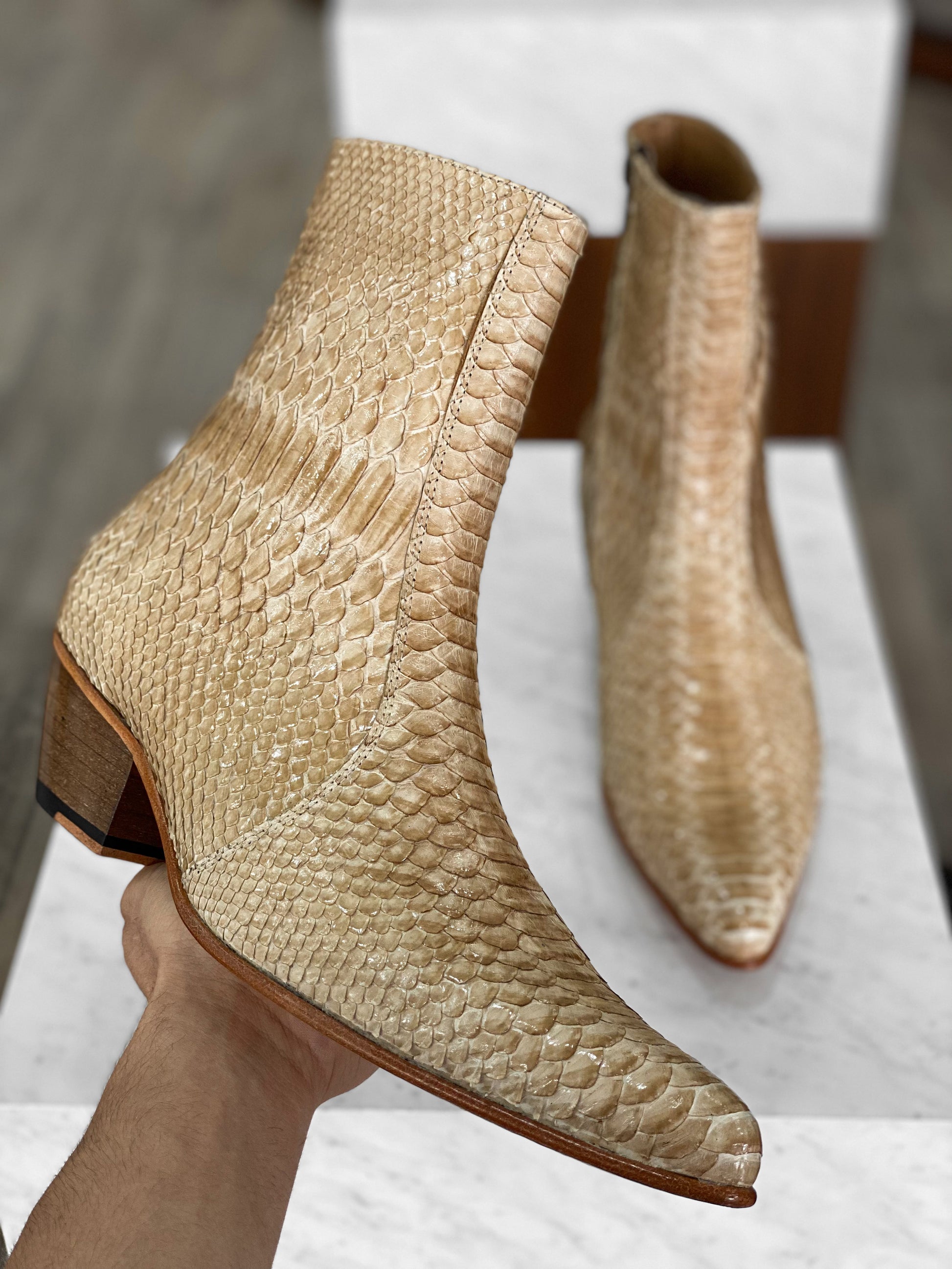 Men’s Beige Python Leather Ankle Boots | Exotic Snakeskin Texture | Premium Side Zip Luxury Boots