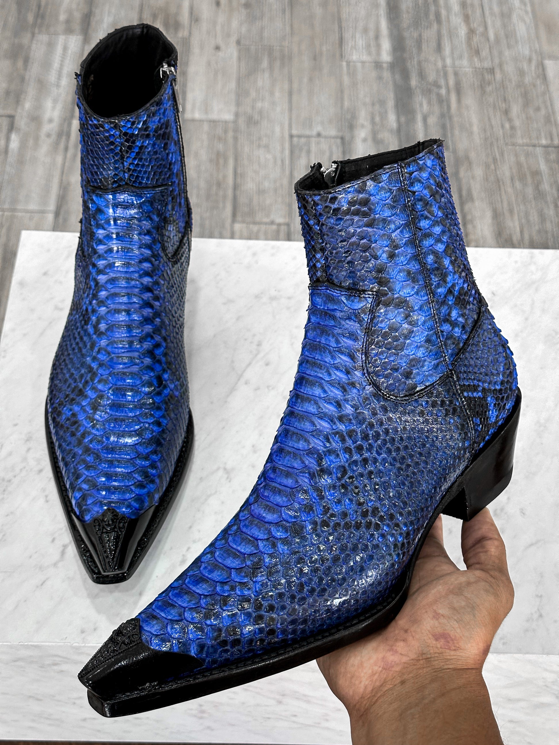 Men’s Blue Python Leather Ankle Boots | Exotic Snakeskin Texture | Side Zipper Luxury Boots