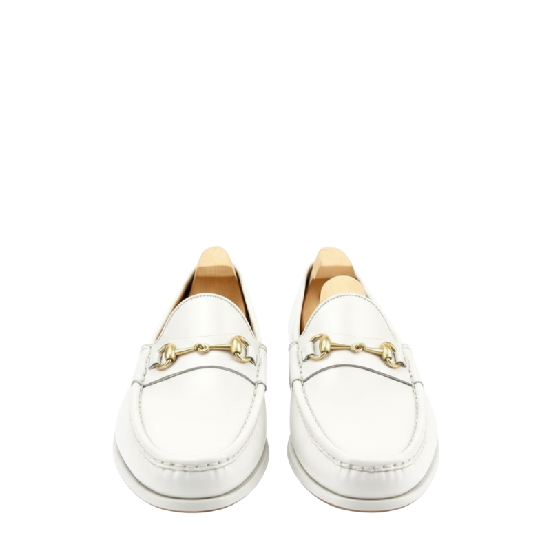 Elegant White Leather Horsebit Loafers – Luxury Slip-On Dress Shoes