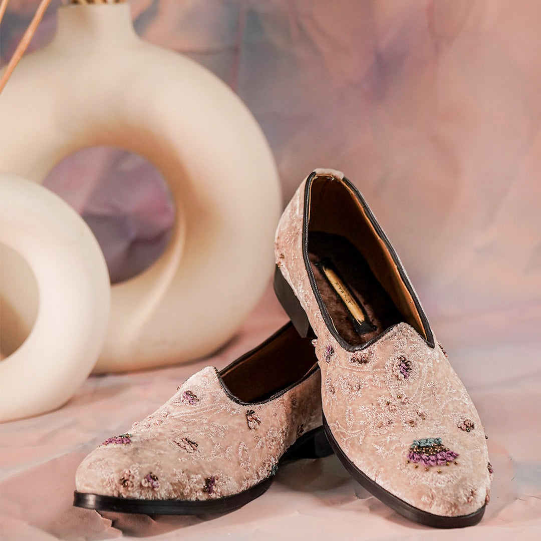 Elegant Beige Embroidered Velvet Loafers for Men