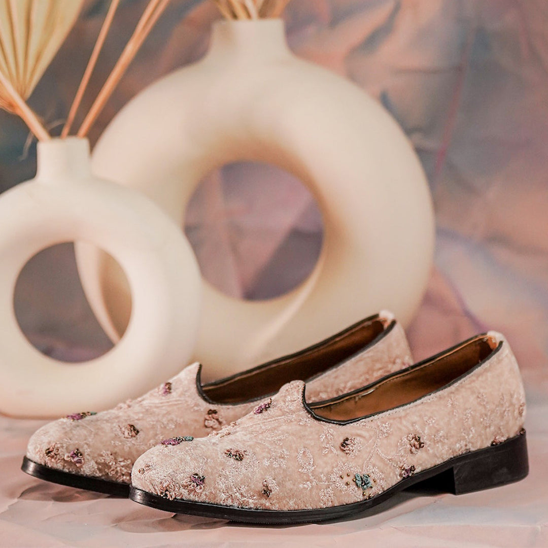 Elegant Beige Embroidered Velvet Loafers for Men