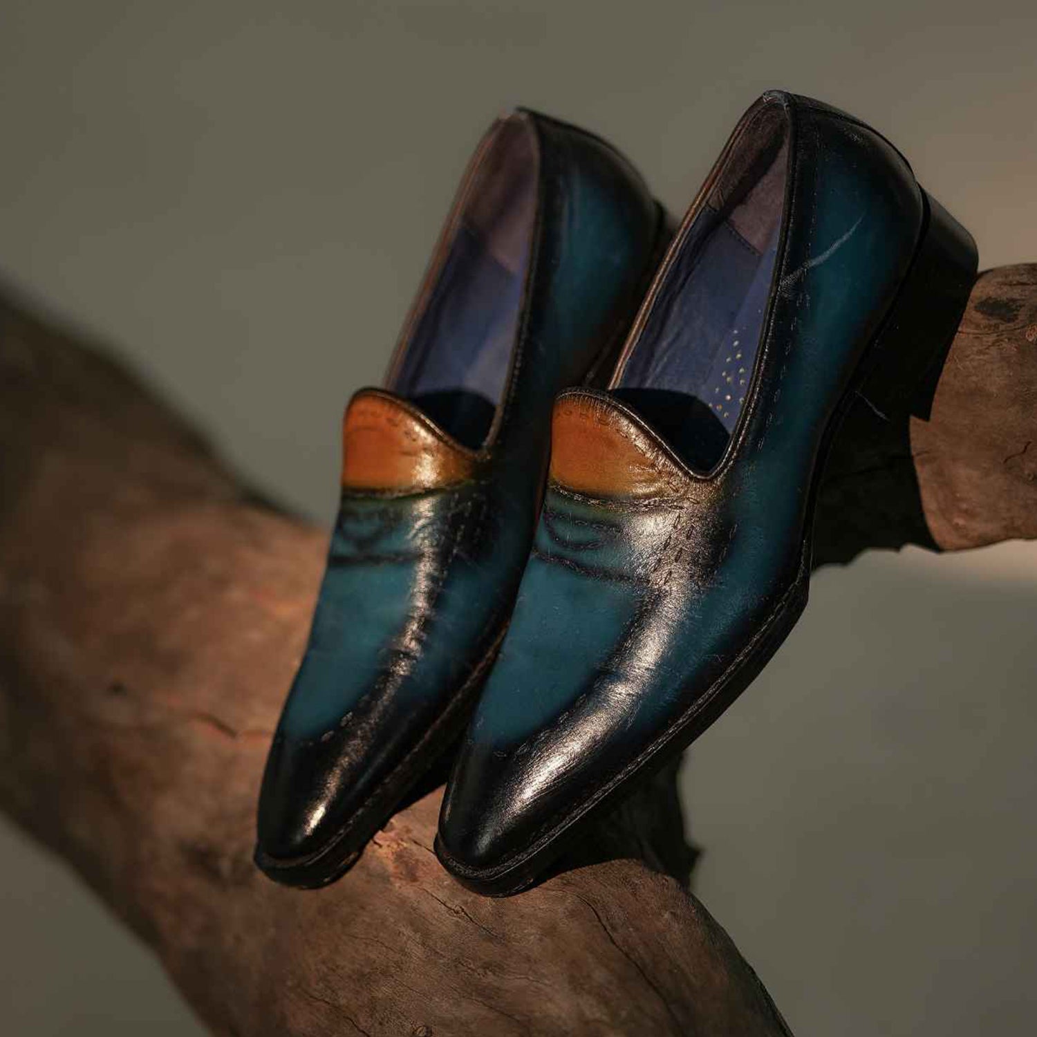 Elegant Dual-Tone Hand-Finished Leather Slip-On Shoes – Teal & Brown