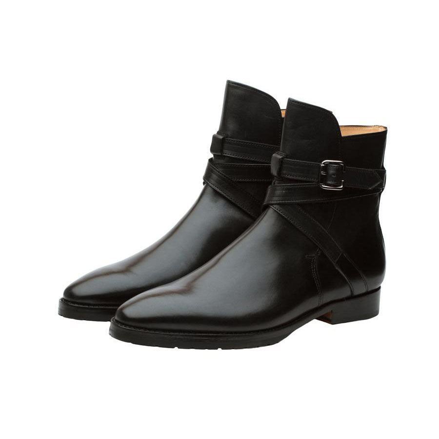 Men’s black leather ankle boots with buckle strap in premium genuine leather finish