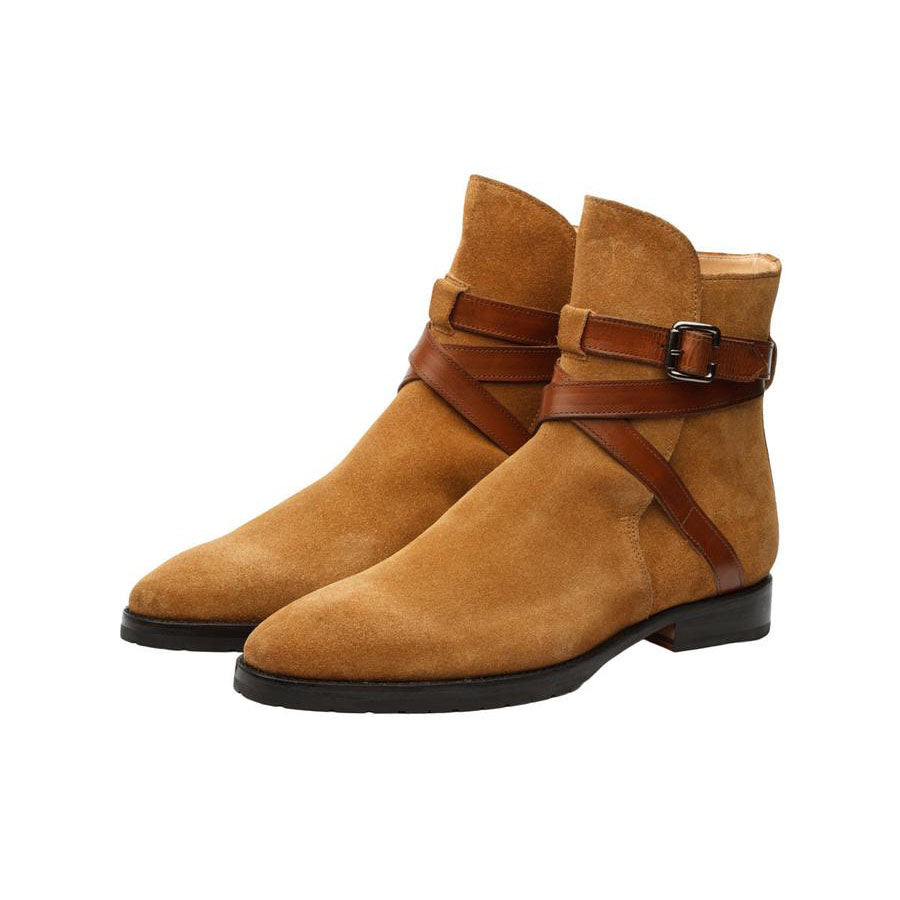 Men’s tan suede leather ankle boots with buckle strap and premium finish