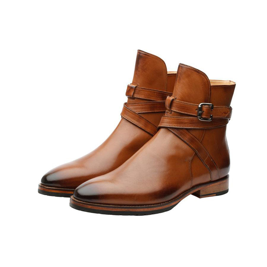 Men’s brown leather ankle boots with buckle strap made from premium genuine leather