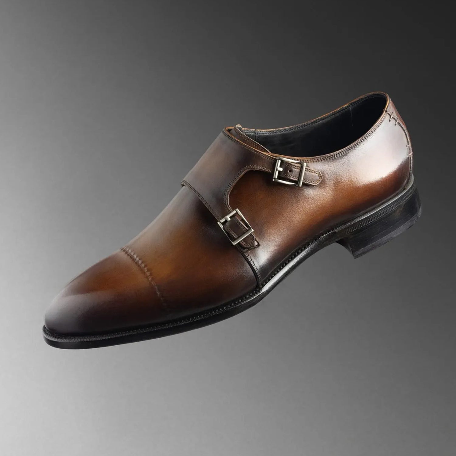 Luxury Men's Caramel Brown Patina Double Monk Strap Leather Formal Shoes | Premium Handcrafted Cap Toe Dress Shoes for Wedding, Office & Business