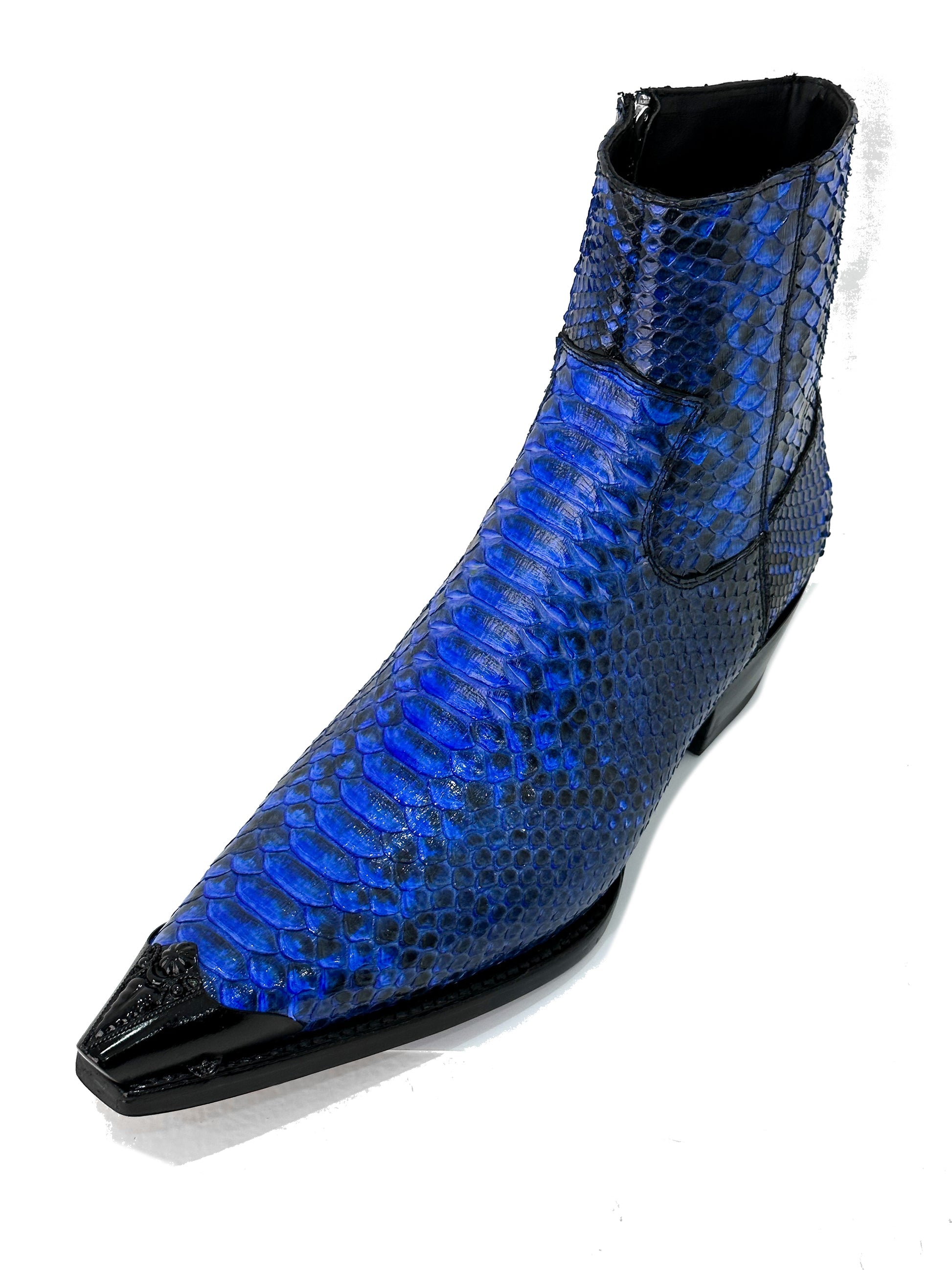 Men’s Blue Python Leather Ankle Boots | Exotic Snakeskin Texture | Side Zipper Luxury Boots