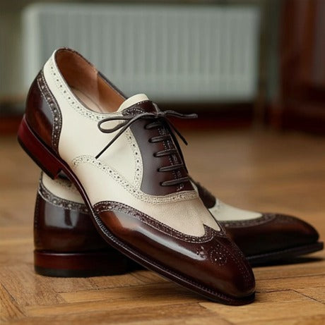 "Evadne Two-Tone Brogue Oxfords – Brown & White Leather Wingtip | Summer Formal Collection"