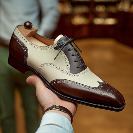 "Evadne Two-Tone Brogue Oxfords – Brown & White Leather Wingtip | Summer Formal Collection"