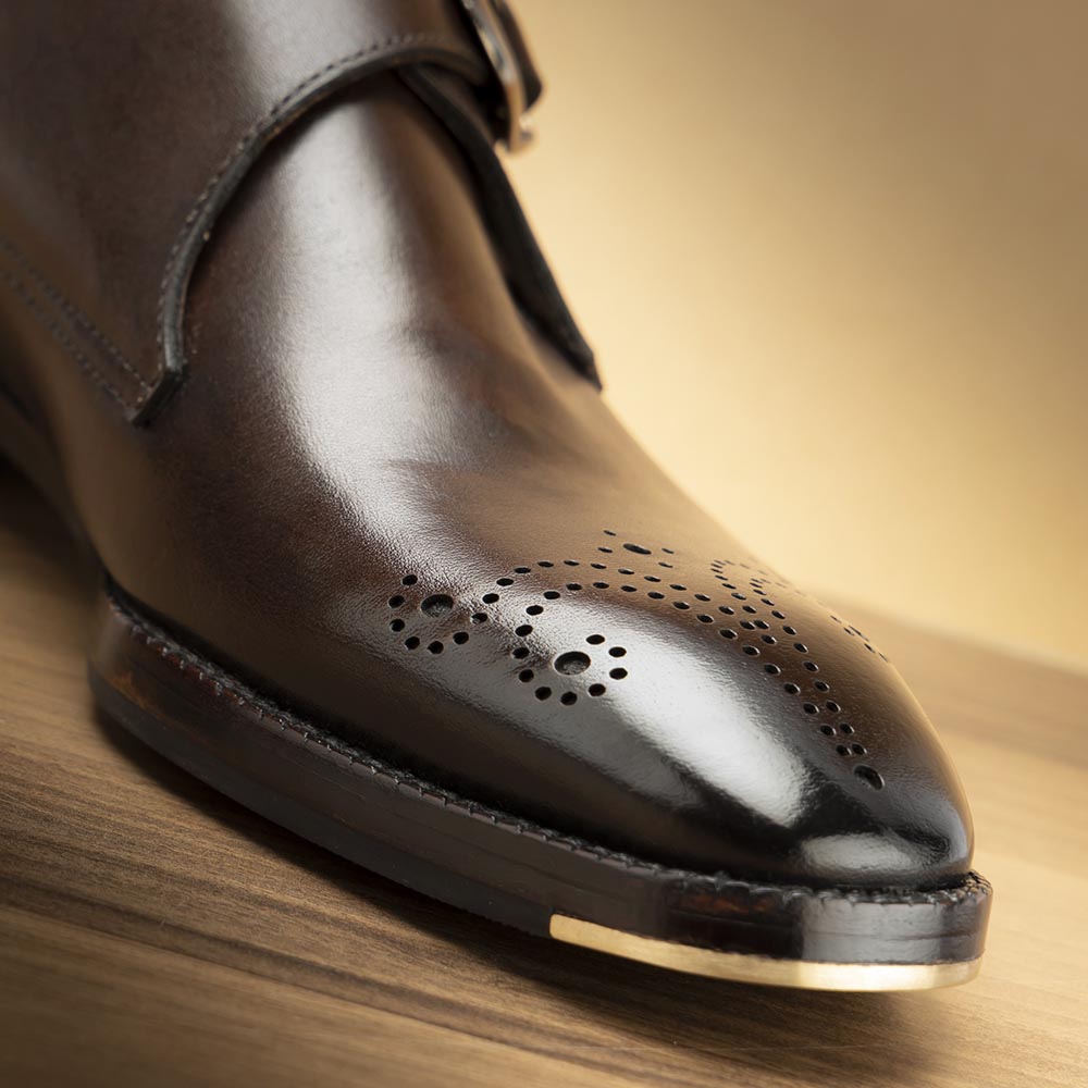 Men’s Dark Brown Leather Monk Strap Shoes | Premium Single Buckle Brogue Formal Shoes