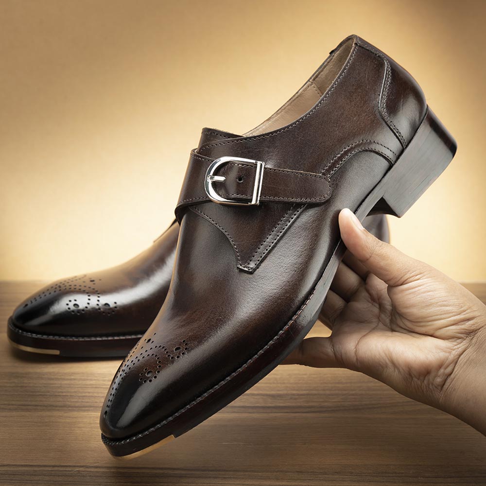Men’s Dark Brown Leather Monk Strap Shoes | Premium Single Buckle Brogue Formal Shoes