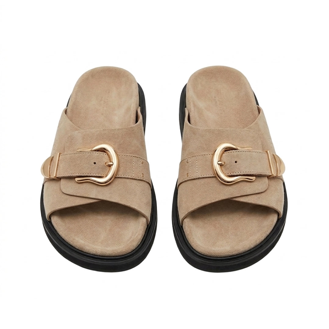 Beige Slip-On Sandals with Gold Buckle | Stylish Comfort Flat Slides for Women
