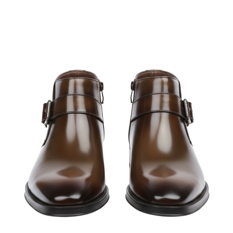 Men’s Premium Brown Leather Monk Strap Boots – Elegant Formal Ankle Boots