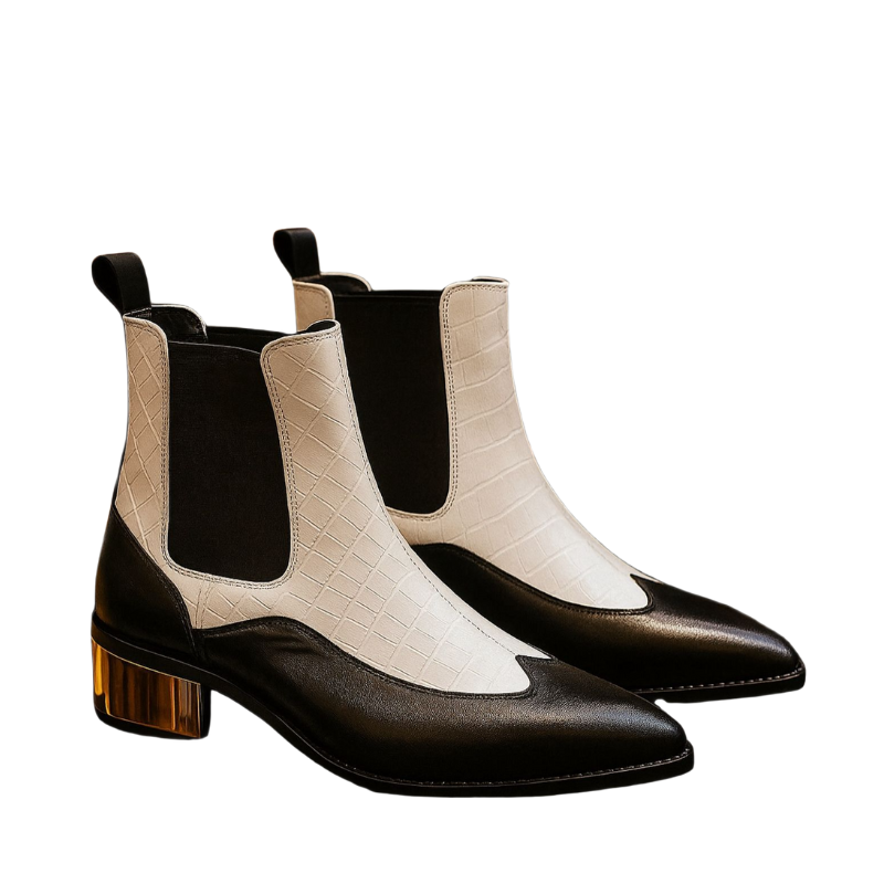 Black and beige croc-textured pointed toe ankle boots with block heel for women