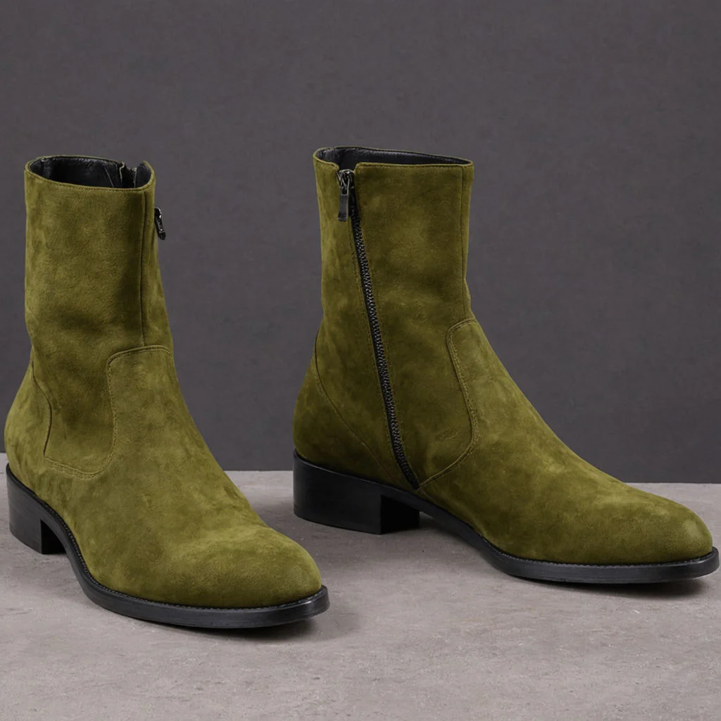 Valente" Green Suede Leather Slip On Zipper Boots for Men