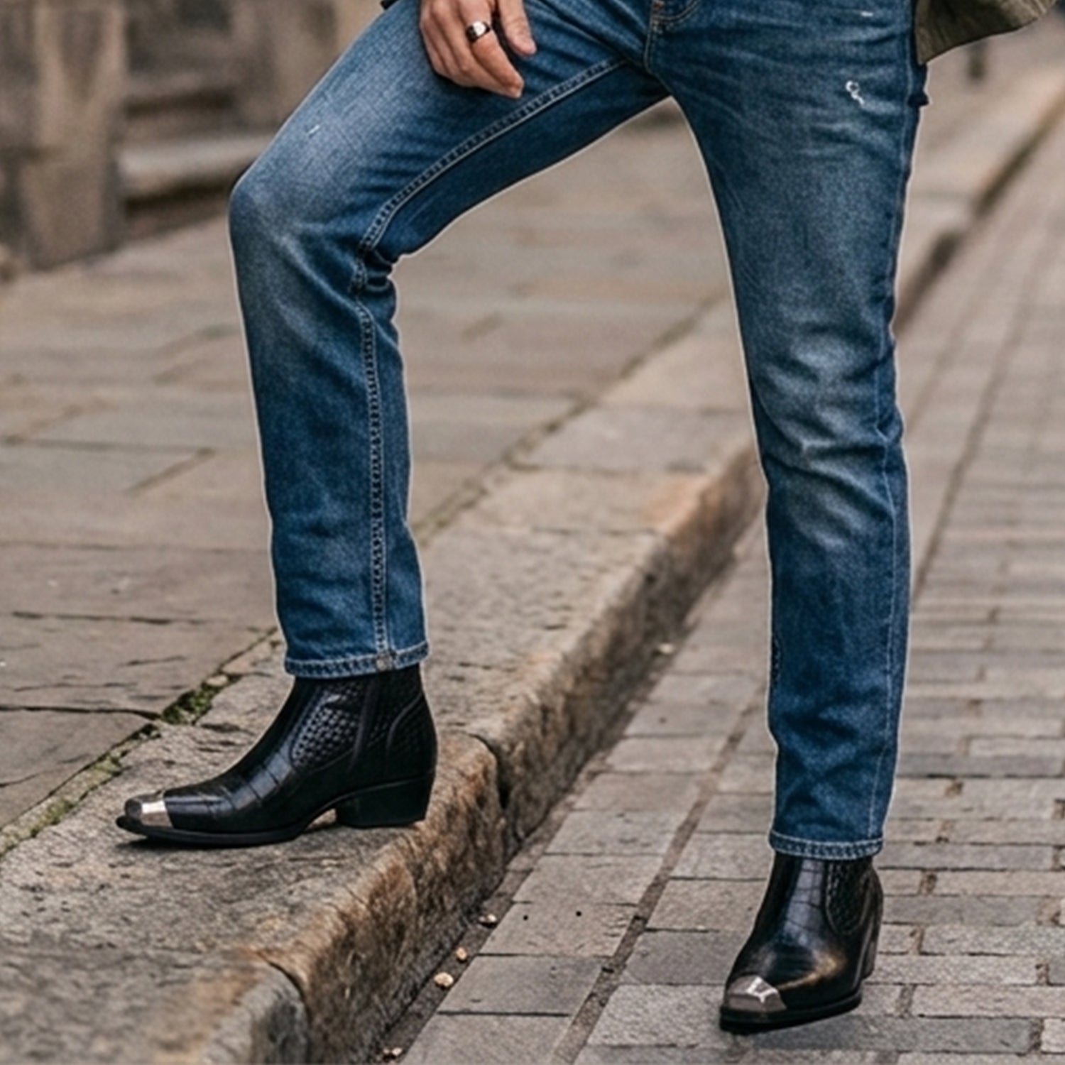 Men's Black Croc Embossed Genuine Leather Chelsea Boots with Metallic Square Toe Cap and Cuban Heel – Luxury Formal Ankle Boots for Party & Wedding Wear