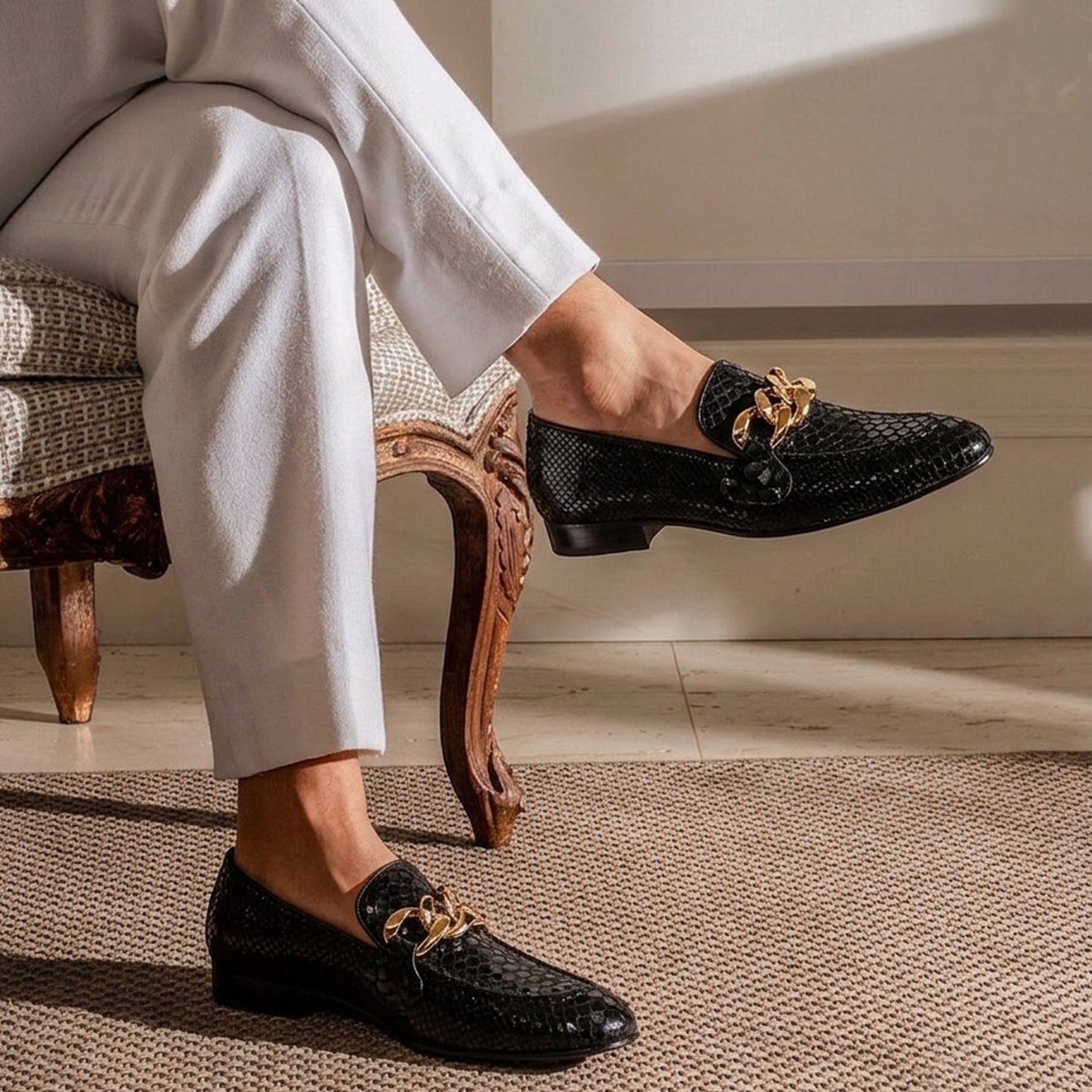 Men's Black Snake Print Genuine Leather Loafers with Gold Chain Detail – Luxury Formal Slip-On Shoes for Weddings & Party Wear