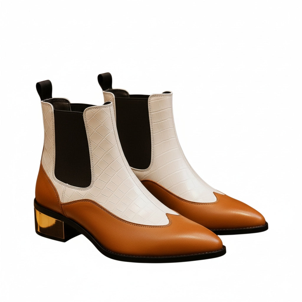 Tan brown and beige croc-textured pointed toe ankle boots with block heel for women.