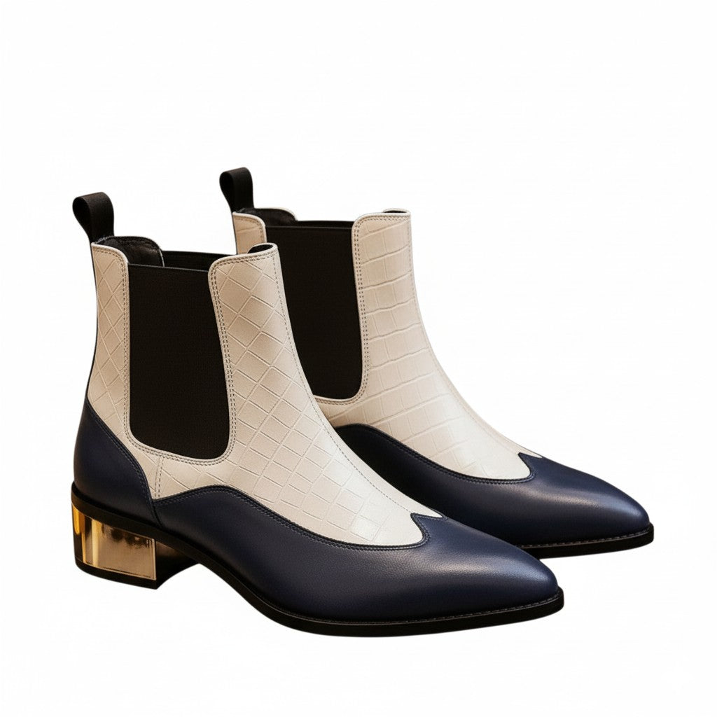 Navy blue and beige croc-textured pointed toe ankle boots with block heel for women