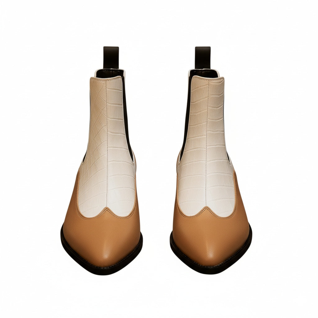 Tan Brown & Beige Croc-Textured Block Heel Ankle Boots for Women