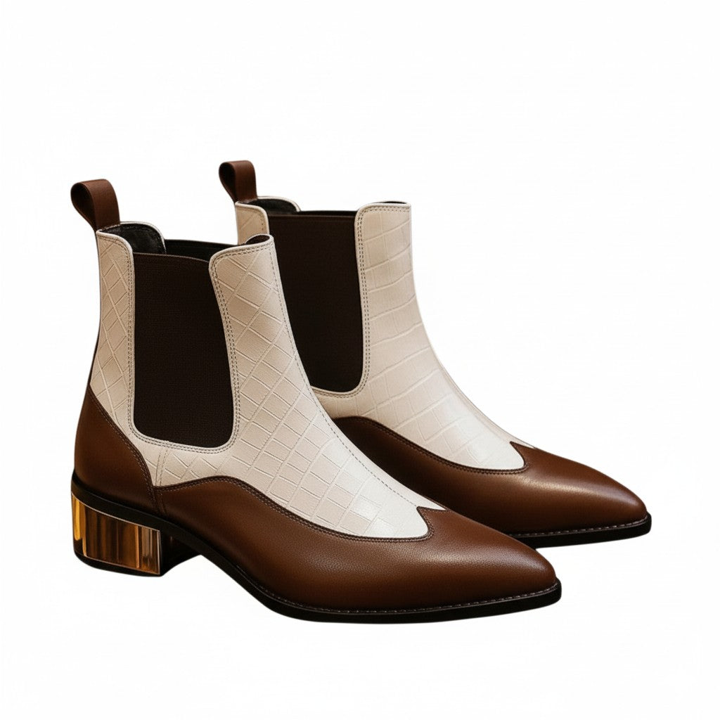 Women’s brown and beige two-tone Chelsea ankle boots with textured upper and block heel