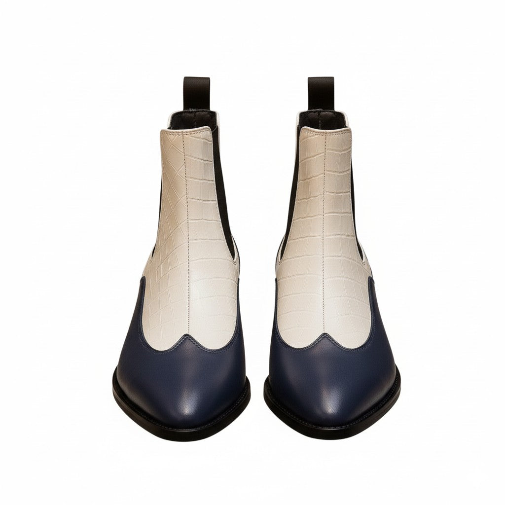 Navy Blue & Beige Croc-Textured Block Heel Ankle Boots for Women