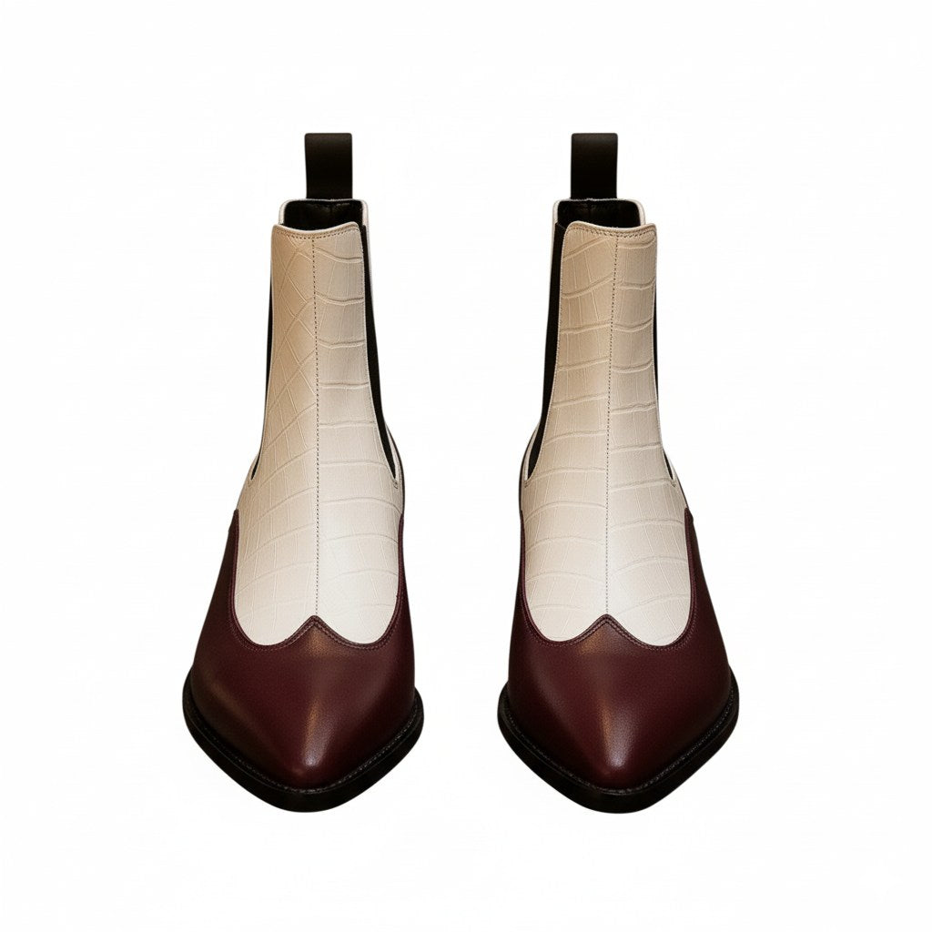 Burgundy & Beige Croc-Textured Block Heel Ankle Boots for Women