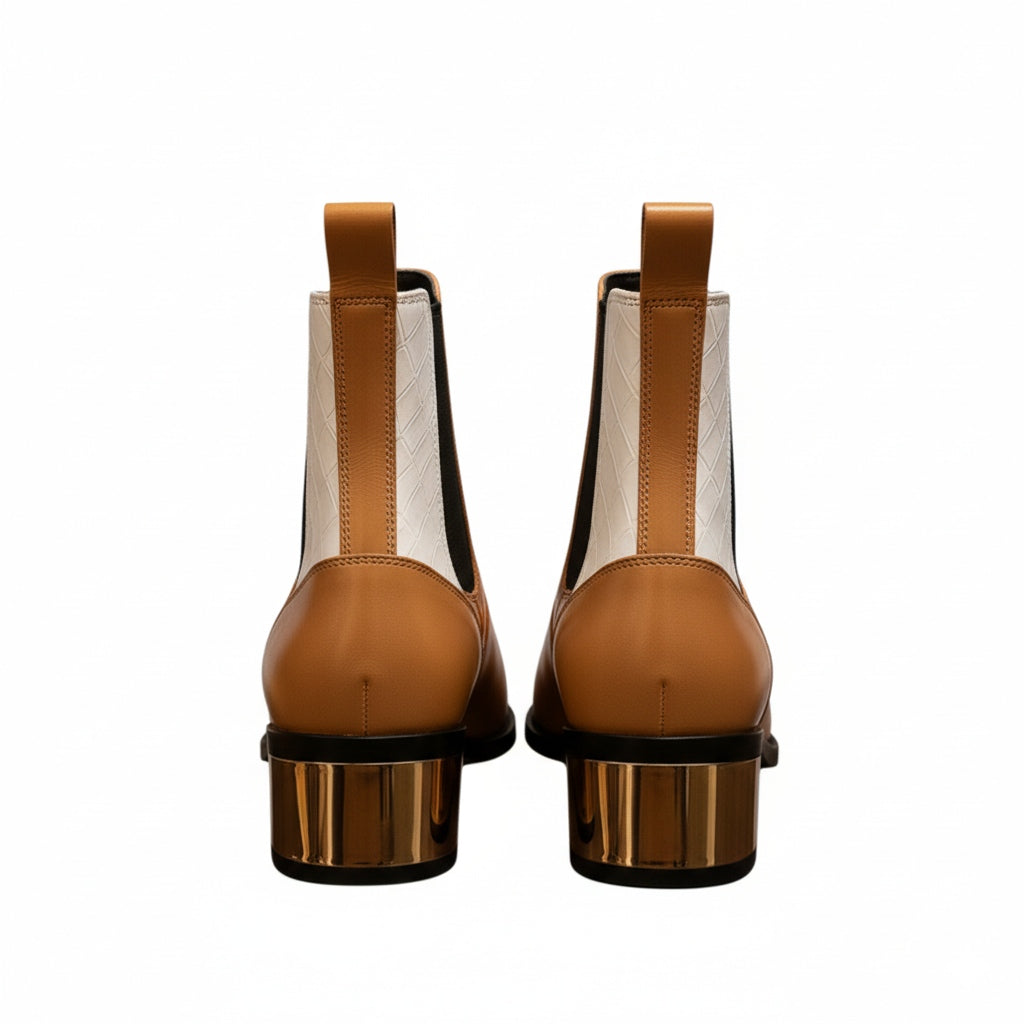 Tan Brown & Beige Croc-Textured Block Heel Ankle Boots for Women