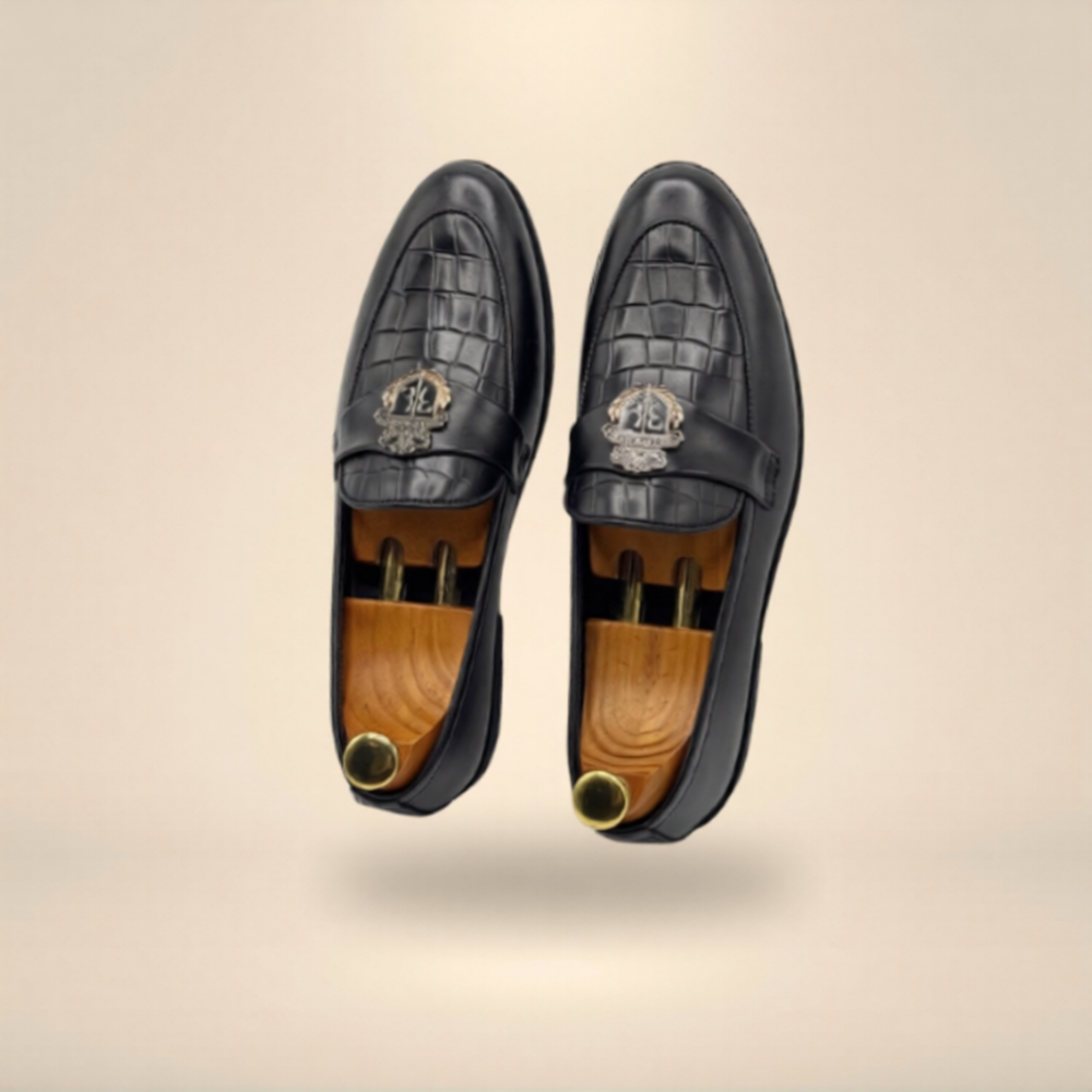 Men’s Black Crocodile Pattern Leather Loafers – Luxury Slip-On Formal Shoes