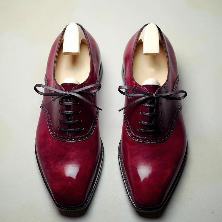 Men's Burgundy Leather Derby Shoes | Brogue Lace-Up Formal Shoes