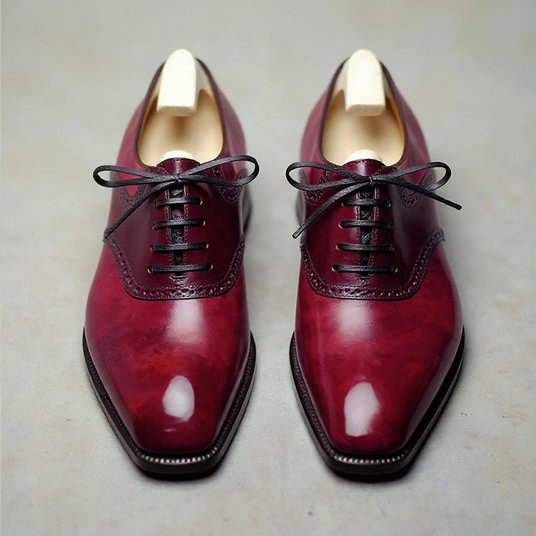 Men's Burgundy Leather Derby Shoes | Brogue Lace-Up Formal Shoes