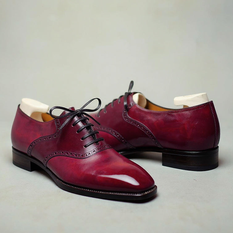 Men's Burgundy Leather Derby Shoes | Brogue Lace-Up Formal Shoes