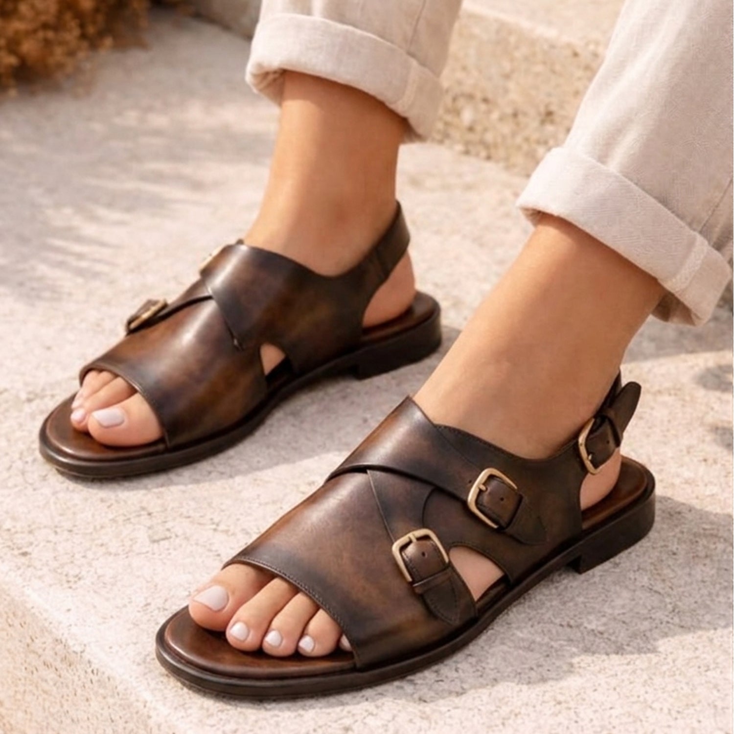 Men's Brown Genuine Leather Double Monk Strap Slingback Sandals with Adjustable Buckles – Handmade Premium Open-Toe Luxury Sandals for Casual & Ethnic Wear