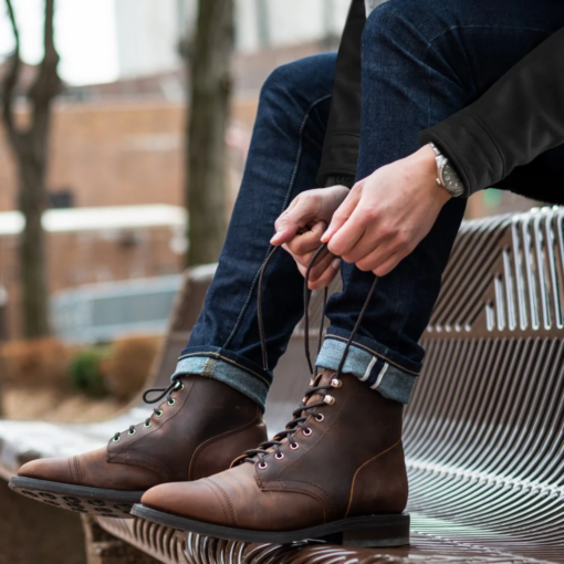 Obsidian Trail Matte Tobacco Leather Boots with resilient matte leather, lightweight Dainite sole, Goodyear welt construction, glove leather lining, reinforced eyelets, and cork-bed midsoles for tailored fit.

