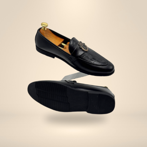 Men’s Black Crocodile Pattern Leather Loafers – Luxury Slip-On Formal Shoes